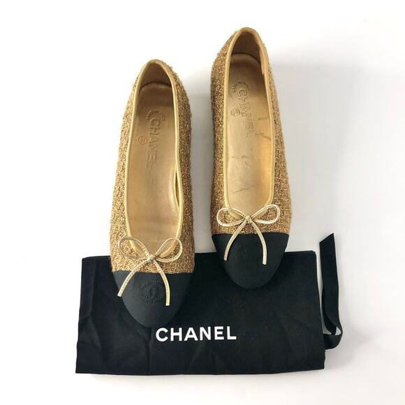 Chanel CC Bow Gold Tweed Black Grosgrain Ballerina Flats 41 - Picture 1 of 10